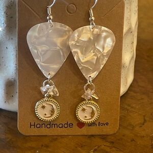 White Guitar Pic Earrings with Gold and White Moon Charms